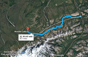 Google map of Denali National Park road that Larry and Ted cycled (Denali Visitor Center to Wonder Lake and then back to Visitor Center the following day.)