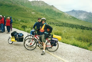 Ted and Larry with their bikes loaded with camping gear and heading to Wonder Lake to camp.