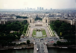 View of Paris from inside the Eiffel Tower.