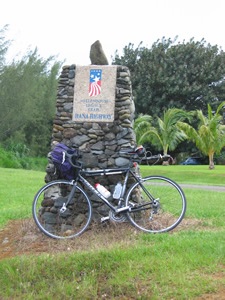 Ted’s rental bike at the start of the Hana Highway Millennium Trail Monument and the zero Mile Marker on Maui, Hawaii.