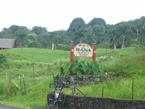 Ted’s rental bike at the welcome to Hana sign on Maui, Hawaii.