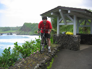 Ted on his rental bike near Hana, Maui, Hawaii.