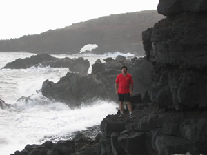 Ted on beach somewhere off the Hana, highway in Maui, Hawaii.  At this point we are probably getting close to back to the main highway to Kihei (From the photo order I do not think it is Sea Arch)