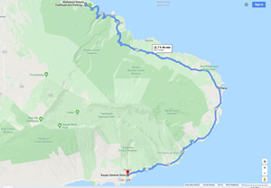 Daily google route map of where Ted cycled in Maui on May 14, 2004. (One way - Waikamio Ridge trail parking lot to Kaupo store) 