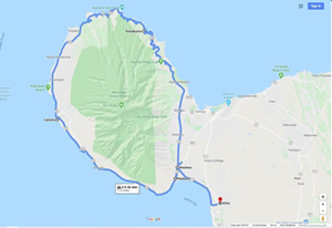 Daily google route map of where Ted cycled in Maui on May 16, 2004. (One way – North Island loop and then to Kihei) 