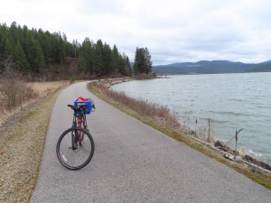 Ted’s bike on Trial of the Coeur d’Alene near bridge on Lake Chatcolet.