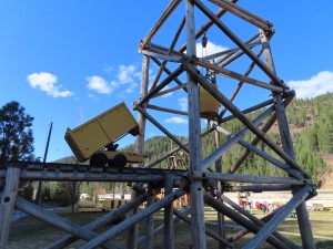 Ore cart and head frame on exhibit at Silver Historic site in Wallace, Idaho.