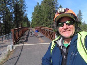 Ted with his bike on Latah trail bridge over Wallen Road, this is where Ted turned back to Moscow, Idaho.