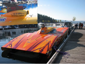A record setting speed boat docked below the hotel where Ted stayed in Coeur d'Alene, Idaho.