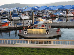 A band set up on the dock below the hotel where Ted stayed at in Coeur d'Alene, Idaho.
