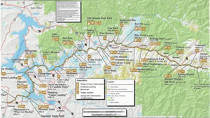 Touring map of the 73-mile trail of Coeur d’Alene bike trail.