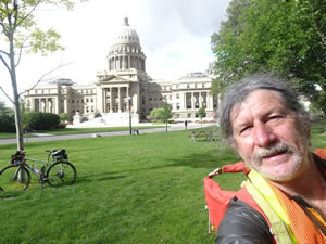 Ted with his bike in front of the capital building in Boise, Idaho.