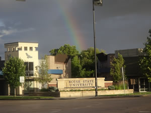 A rainbow over Boise State University in Boise, Idaho.