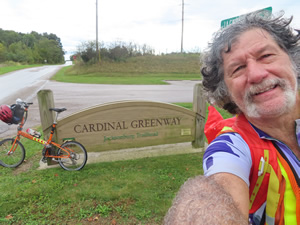 Ted and his bike at a trailhead to the Cardinal Greenway bike trail near Richmond, Indiana.