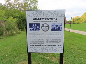 Sign telling about the historical recording studio, Gennett, in Richmond, Indiana.