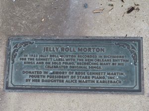 Jelly Roll Morton plaque at historic Gennett recording studio in Richmond, Indiana.