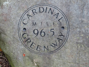 Trail marker on Cardinal Greenway bike trail near Muncie, Indiana.