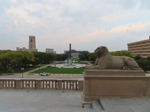 View of Obelisk Square from Indiana World War Memorial in downtown Indianapolis, Indiana.