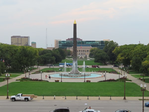 View of Obelisk Square from Indiana World War Memorial in downtown Indianapolis, Indiana.
