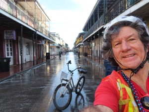 Ted with his rental bike on Bourbon Street at 8:00 AM.