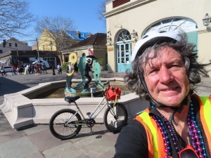 Ted with his rental bike at Instrument Men Fountain between Jackson Square and the French Market.