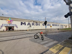 Ted’s rental bike in front of Mardi Gras World in New Orleans.