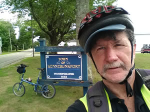 Ted with his bike entering Kennybunkport, Maine
