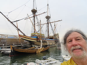 Replica of the Mayflower with Ted in Plymouth, Massachusetts.