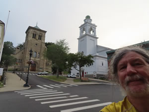 Ted with historic building in Plymouth, Massachusetts.