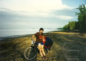 Ted with his bike loaded with camping gear on Lake Huron near Bay City, Michigan.