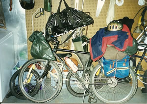Ted's bike with camping gear in Mitch Monroy's storage shed in Saginaw, Michigan. Mitch brought Ted his bike back to the Detroit area later that week.