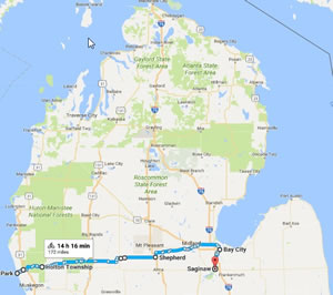 Google map of Ted's bike ride across the Lower Peninsula of Michigan. Map details are estimate, the map was created in 2017 based on notes from 1995.