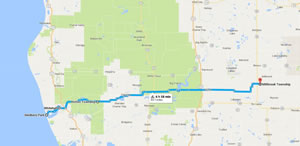 Approximate route Ted took on day one of his 1995 bike ride across the Lower Peninsula of Michigan.