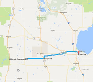 Approximate route Ted took on day two of his 1995 bike ride across the Lower Peninsula of Michigan. 