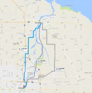 Approximate route Ted took on day three of his 1995 bike ride across the Lower Peninsula of Michigan. 