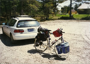 Ted's bike loaded with camping gear near Manistique, Michigan. Starting point of Ted's solo Michigan Upper Peninsula tour.