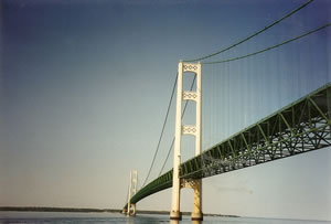 The Mackinac Bridge which connects the Upper and Lower Peninsula of Michigan.