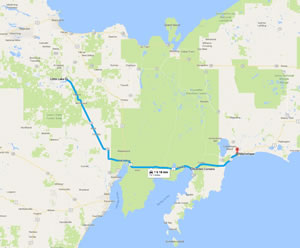 Approximate route Ted took on day three of his 1996 bike ride across the Upper Peninsula of Michigan. 