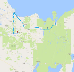 Approximate route Ted took on day two of his 1996 bike ride across the Upper Peninsula of Michigan. 