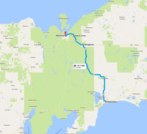 Approximate route Ted took on day one of his 1996 bike ride across the Upper Peninsula of Michigan. 