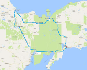 Google map of Ted's bike ride across the Upper Peninsula of Michigan. Map details are estimate, the map was created in 2017 based on notes from 1996.