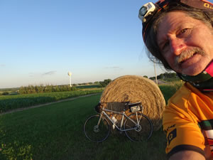 Ted’s bike near roll of hay on outskirts of Luverne, Minnesota.