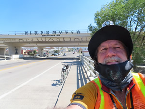 Ted with his bike as he arrived in Winnemucca, Nevada (around 1:30 PM)