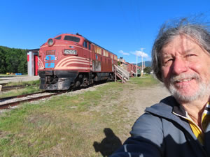 Ted in front of the 1949 F-7 B&M diesel locomotive on display in Gorham, New Hampshire.