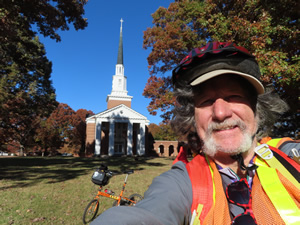 Ted with his bike in front of church in Statesville, North Carolina.