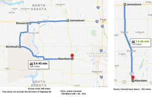 Map of the route I drove, vs. the route I should have taken (The new route was due to temporarily deciding to see Mt Rushmore)