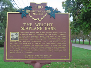 Historic sign about Wright Brothers next to the Great Miami River Trail near Dayton, Ohio.