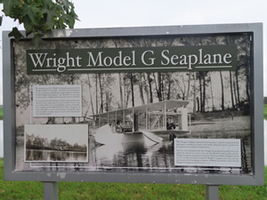 Historic sign about Wright Brothers Seaplane next to the Great Miami River Trail near Dayton, Ohio.