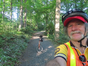 Ted and his bike on McDade Recreational trail at Delaware Water Gap, Pennsylvania.