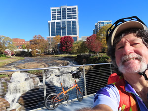 Ted with his bike on Liberty bridge at Park Falls.